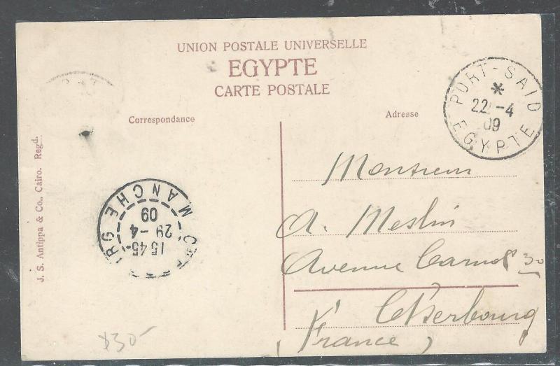 FRENCH COLONIES PORT SAID EGYPT (P2708B) 1909 10C ON PPC TO FRANCE