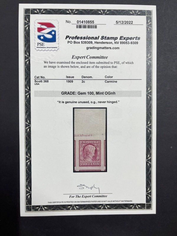 MOMEN: US STAMPS #368 MINT OG NH PSE GRADED CERT GEM-100 LOT #88125