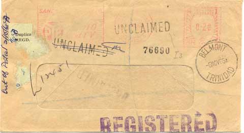 Trinidad 20c Meter 1968 Port of Spain, Trinidad Registered to Belmont with sl...