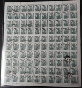 KOREA #372, 100w King Songdok Bell, Complete sheet of 100, used, VF, Scott $300