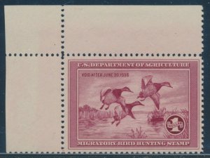 #RW2 $1 DUCK STAMP CORNER MARGIN SINGLE XF OG NH CV $800 HV541