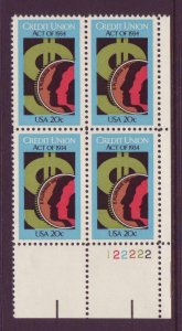 1984 Credit Union Act '34 Plate Block of 4 20c Postage Stamps, Sc#2075, MNH, OG