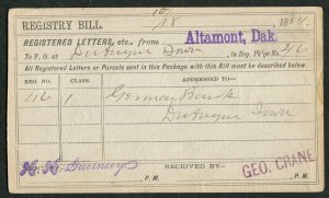 1884 Dakota Territory Registry Bill Altamont to Dubuque IA German Bank Geo Crane
