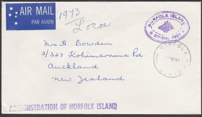 NORFOLK IS 1980 Official cover to New Zealand...............................M638