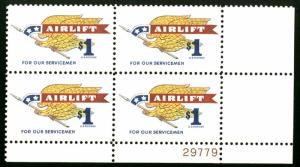 US #1341 Plate Block, VF/XF mint never hinged, SUPER FRESH PLATE $1 Airlift, ...