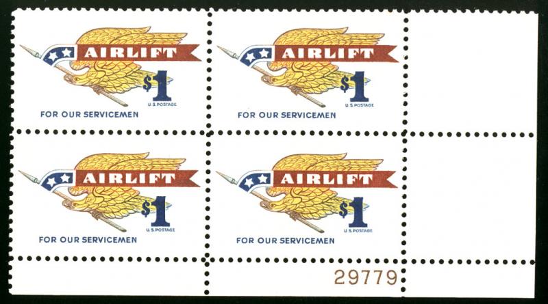 US #1341 Plate Block, VF/XF mint never hinged, SUPER FRESH PLATE $1 Airlift, ...