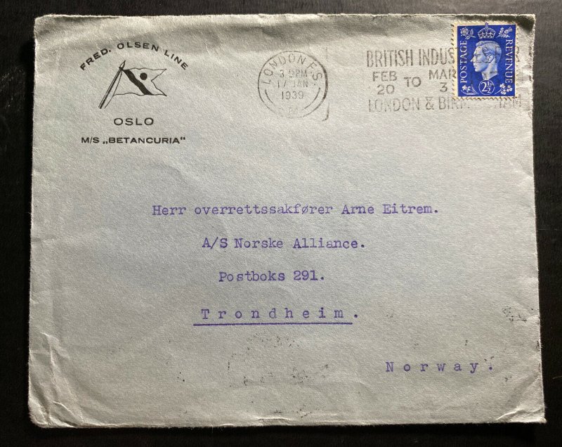 1939 London England Advertising Cover To Trondheim Norway MS Betancuria