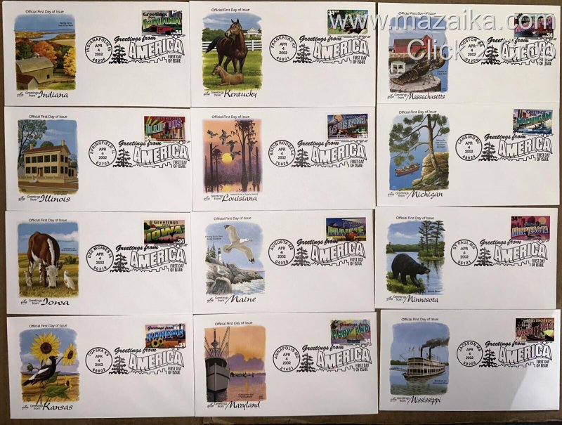 2002 GREETINGS FROM AMERICA COMPLETE SET SUPERB COLOR FDCs & 50 STATES STAMPS