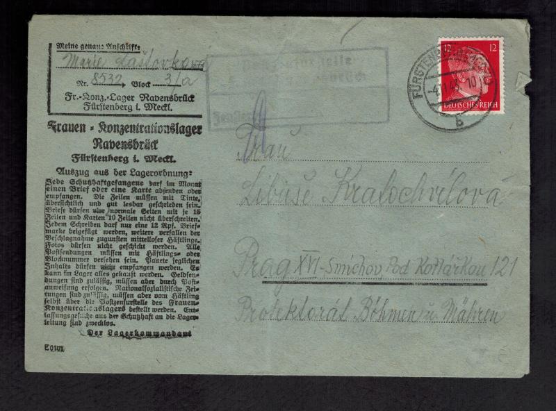 1943 Germany Ravensbruck Concentration Camp Cover KZ Marie Laslovkova Prague BM