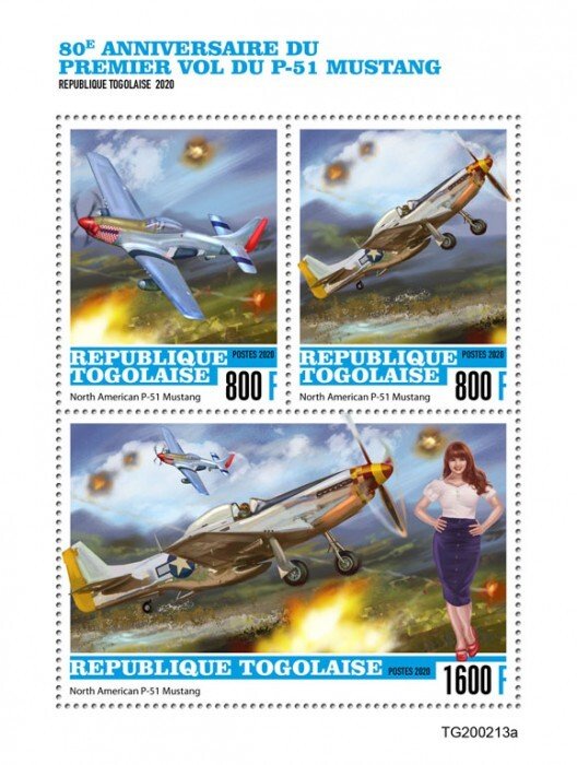TOGO - 2020 - First Flight P-51 Mustang - Perf 3v Sheet - Mint Never Hinged
