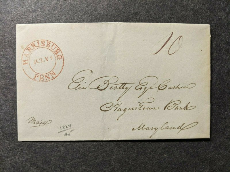 1824 STAMPLESS Postal History Cover HARRISBURG, PA to HAGERSTOWN, MD w/ letter