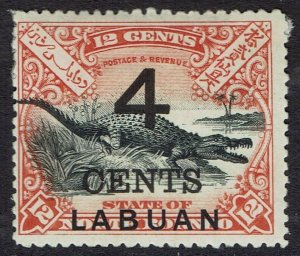 LABUAN 1899 4 CENTS OVERPRINTED CROCODILE 12C PERF 14.5 - 15