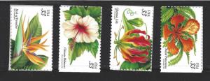 US Scott # 3310 - 3313 / 33c Tropical Flowers, SA Set Of Singles 1999 Issue