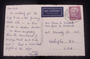 D)1956, GERMANY, POSTCARD SENT TO U.S.A, AIR MAIL, WITH STAMP BASIC SERIES,