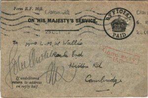 GB Official Postal Stationery OHMS REPLY CARD *Form RF16/5* Imprinted 1921 41.21