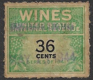 USA REVENUES 1942 36c Cordials Wines Revenue Sc RE135 VFU Grapes Topical