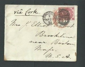 1872 Great Britain #44 On Cover W/Via Cork W/Red & Black Cancels