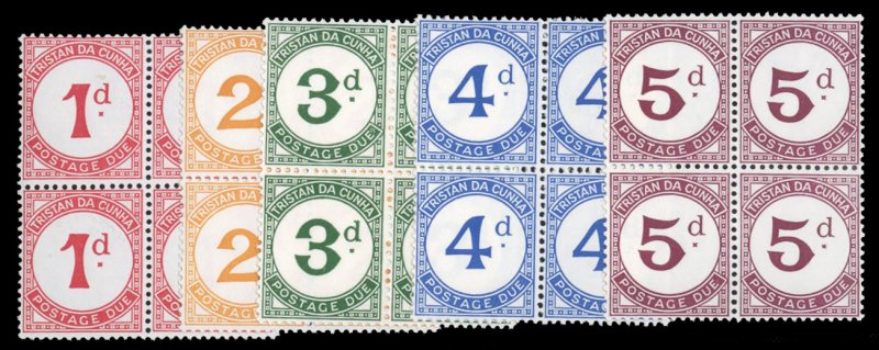 Tristan da Cunha #J1-5 Cat$96, 1957 Postage Dues, complete set in blocks of f...