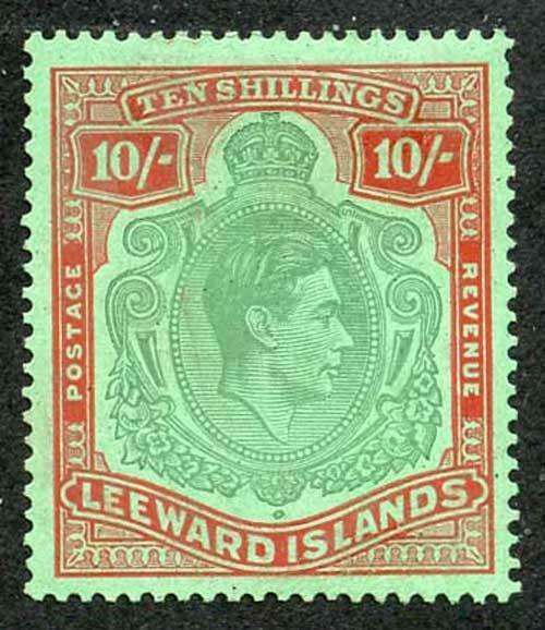 Leeward Islands SG113c KGVI 10/- Green and Red/Green m/m