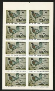 New Jersey, 1975, $5.00 Special Pheasant & Quail Stamp, Full Pane of 10, VF, NH