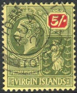 BRITISH VIRGIN ISLANDS-1922 5/- Green & Red/Pale Yellow fine used example Sg 85