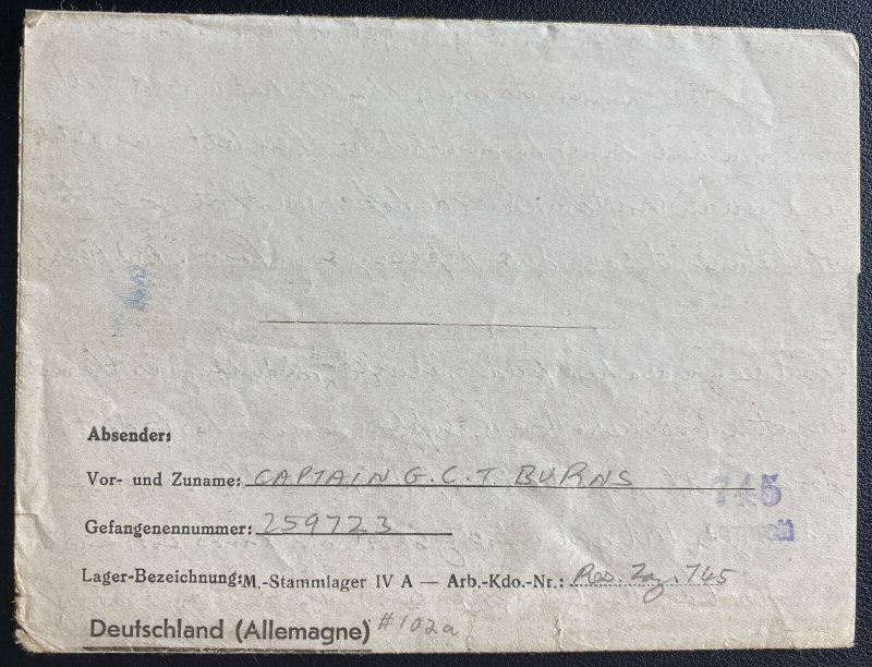 1945 Germany Stalag 4A Prisoner of War POW Sheet Cover to New Zealand Capt Burns