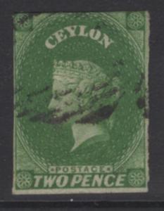 CEYLON SG3a 1857 2d YELLOWISH-GREEN USED