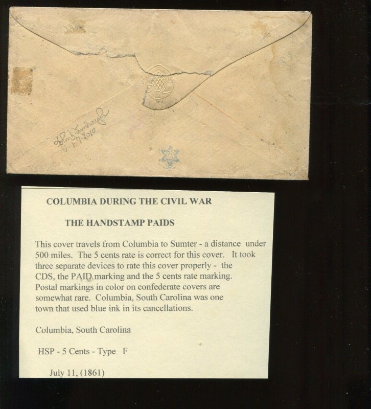 Confederate Columbia South Carolina Stampless 'PAID 5' Cover CSA CV $200 LV6679