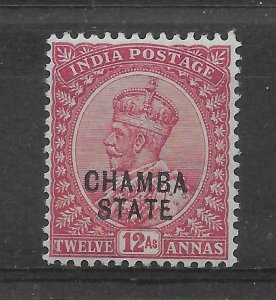 INDIA-CHAMBA SG52 1913 12a CARMINE-LAKE MTD MINT