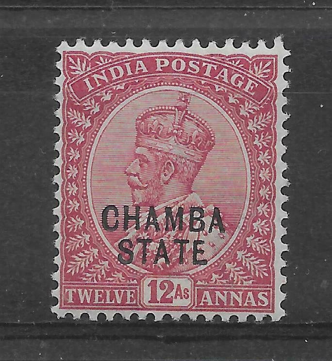 INDIA-CHAMBA SG52 1913 12a CARMINE-LAKE MTD MINT