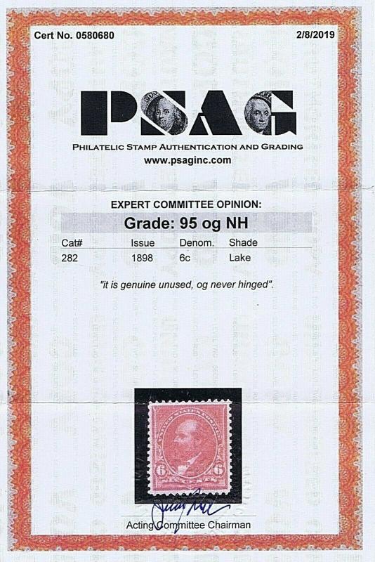 SC# 282 ORIGINAL GUM MNH 6 CENT GARFIELD, 1898, 2019 PSAG CERT GRADED XF SUP 95