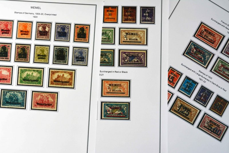 COLOR PRINTED MEMEL 1920-1923 STAMP ALBUM PAGES (14 illustrated pages)