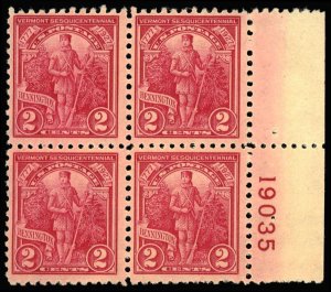 US Sc 643 MNH BLOCK of 4  w/Plate# - 1927 2¢ - Vermont Sesquicentennnial