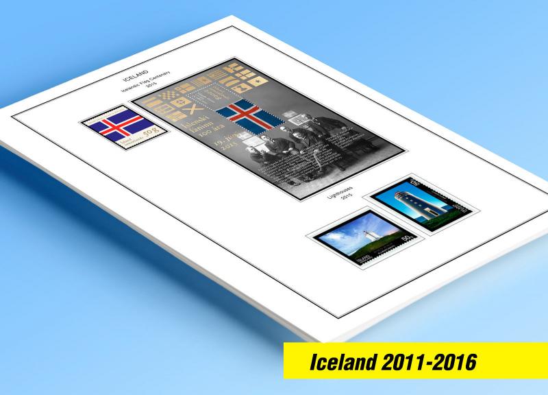 COLOR PRINTED ICELAND 2011-2016 STAMP ALBUM PAGES (29 illustrated pages)