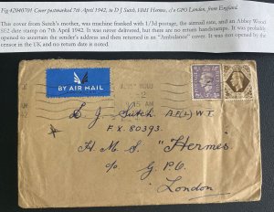 1942 London England Airmail Cover To DJ Sutch Air Fitter At The HMS Hermes Ship