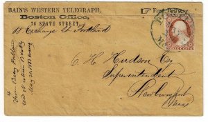 1853 Portland, Maine cancel on Bain's Western Telegraph Co. envelope, 3c type II