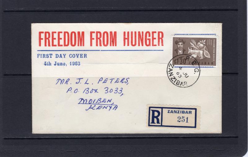 Zanzibar 1963 Sc#280 Freedom From Hunger Registered Letter FDC Postal History