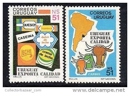 EXPORTS NATURAL FOOD MILK DAIRY CATTLE BEEF MAP URUGUAY Sc#1241-2 MNH STAMP