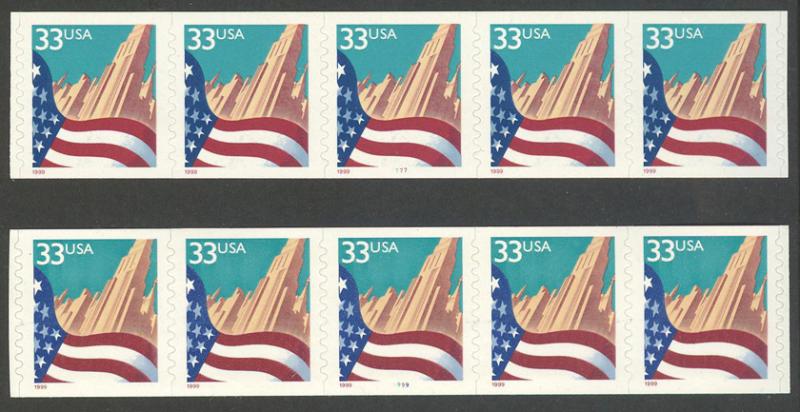 U.S. 3281  33-cent Flag & City Coil, 2 PNS5, 7777 & 9999 MNH