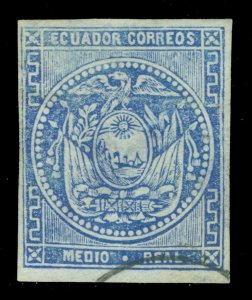 ECUADOR 1872 Coat of Arms  ½r gray blue - blue paper - Sc# 2c used VF