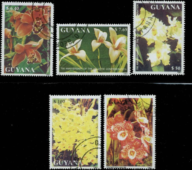 Guyana Scott #2407-#2411 Complete Used Set Orchids