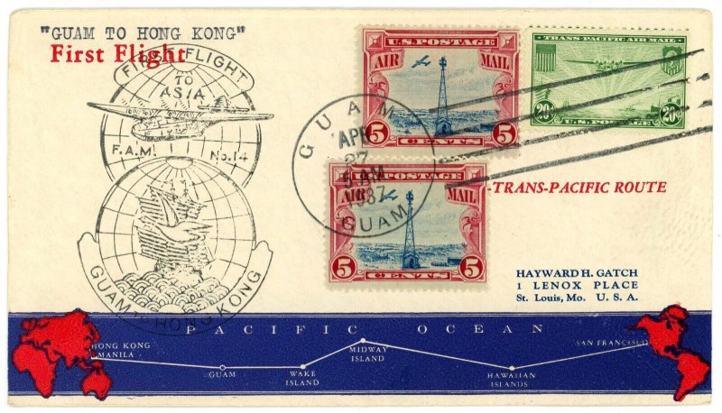 Guam Hong Kong FAM14 First Airmail Flight 1937 Trans Pacific #C11 #C21 Postage