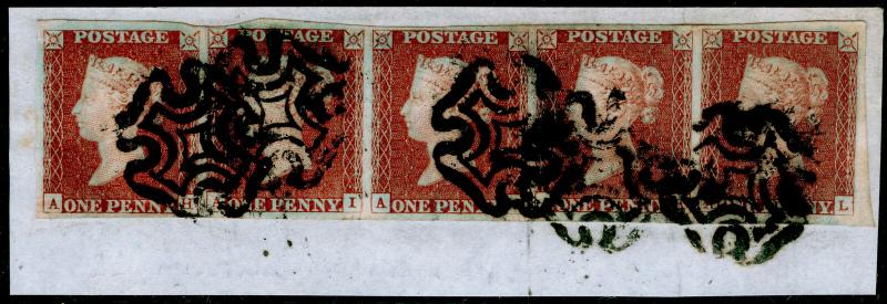 SG8, 1d red-brown PLATE 26, FU. Cat £300+. BLACK MX. STRIP OF 5. ON PIECE.