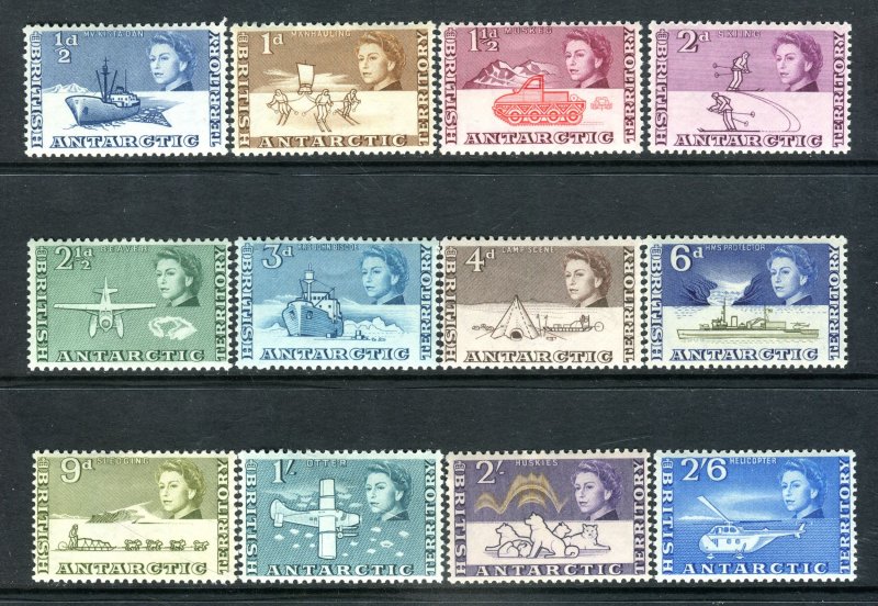 British Antarctic Territory 1963 QEII. Short set to 2/6d. MLH. SG1-12.