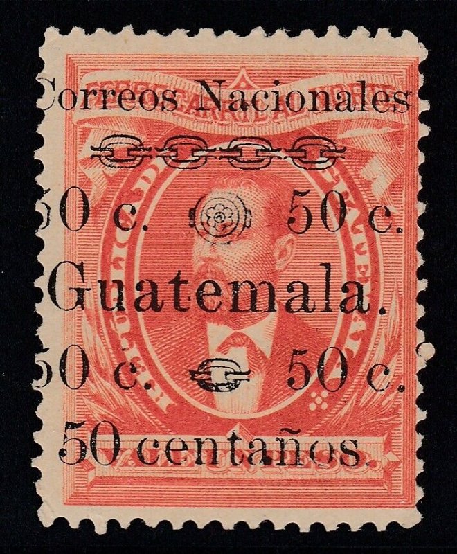 Guatemala 1886 50c on 1p Vermilion “centanos” Variety M Mint. Scott 27b