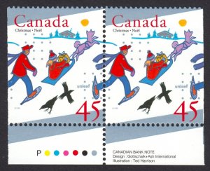 CHRISTMAS SLED, GIFT = Canada 1996 #1627as MNH PAIR of BK Stamps with Color ID