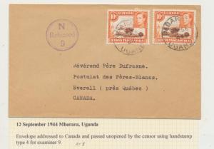 UGANDA (MBARARA) TO CANADA 1944 CENSOR COVER, EXAM#9, 20c RATE(SEE BELOW)