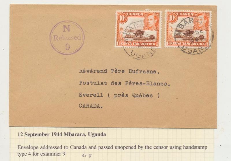 UGANDA (MBARARA) TO CANADA 1944 CENSOR COVER, EXAM#9, 20c RATE(SEE BELOW)