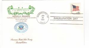 Ronald Reagan 1st Inauguration Jan 20 1981 Postal Arts Cachet Unadd ECV $25.00