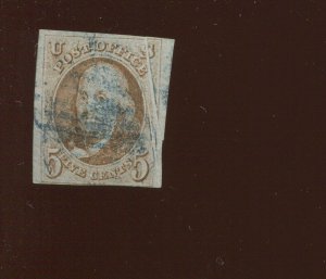 1 Franklin Imperf Used Stamp with Preprinting Paper Crease EFO  (Bx 1913)